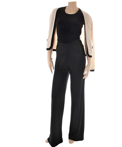 chanel black pantsuit|chanel women's wide leg jeans.